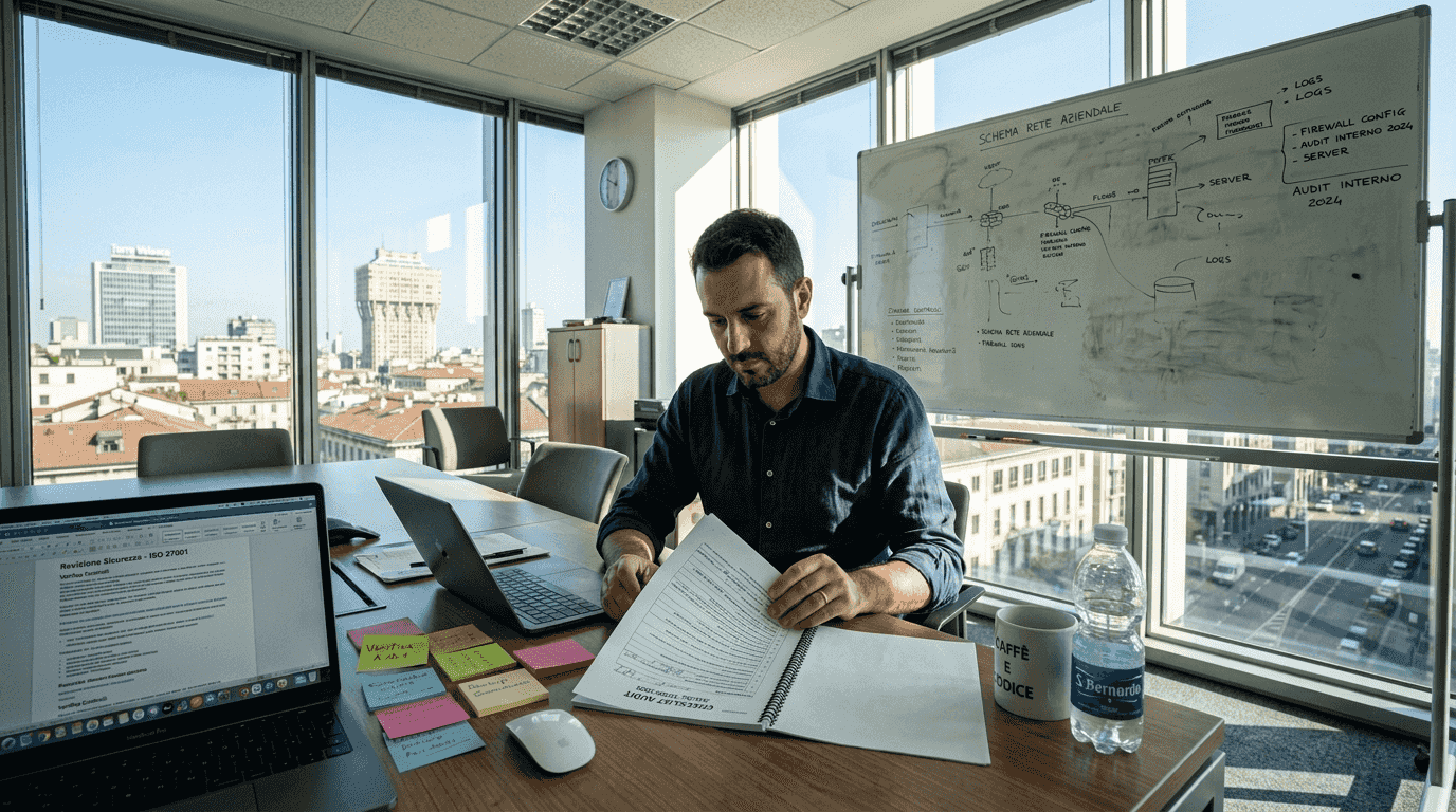 Un responsabile IT controlla la lista delle attività nel suo ufficio illuminato dalla luce del sole.