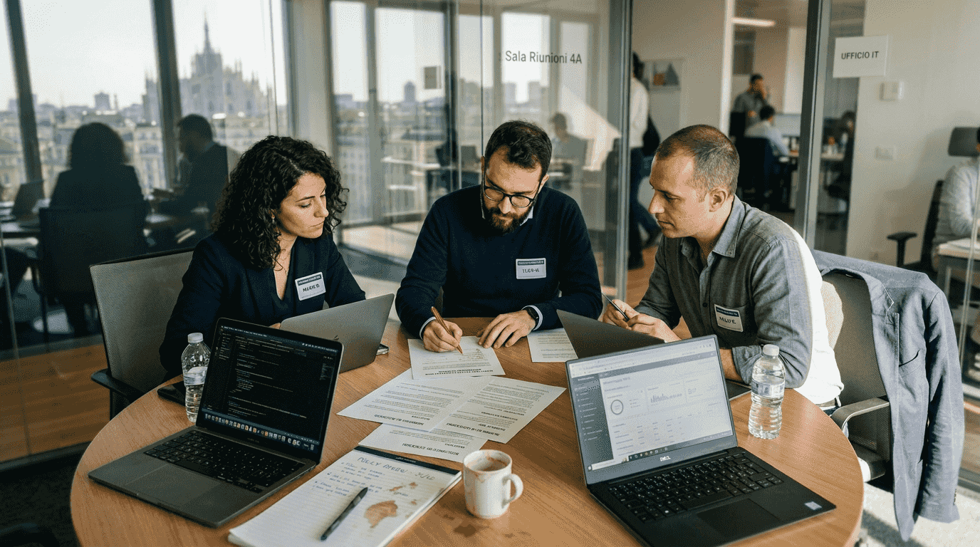 Il team si riunisce per esaminare e aggiornare i documenti relativi alle politiche di sicurezza.