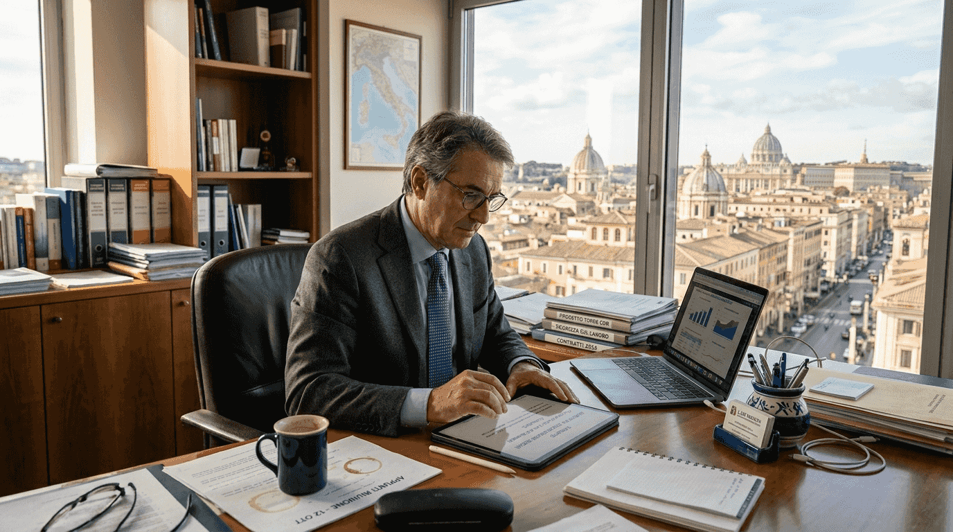 Un dirigente esamina la documentazione relativa alla sicurezza informatica.